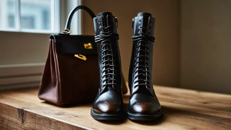 Illustration: Restaurierte Lederstiefel und gereinigte Handtasche zur Abholung auf einem Holztresen